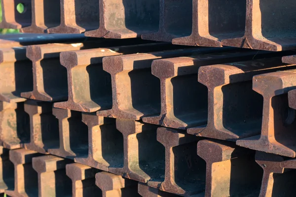 Steel rails track close up piled together — Stock Photo, Image