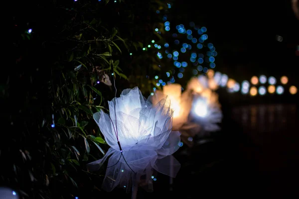 Flores de tela con luz con un fondo bokeh . — Foto de Stock