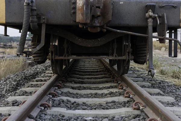 Βιομηχανική Σιδηροδρομικών Αυτοκίνητο Τροχοί Closeup Φωτογραφία Τρένο Τροχό — Φωτογραφία Αρχείου