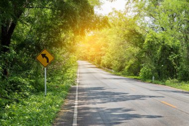 Yol çevresinde yeşil ağaçlar ve eğilerek ağaçların üzerinden yol.