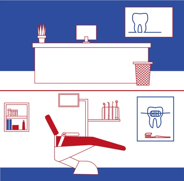 Set linevector tandarts kantoor interieur design met tandheelkundige stoel, tandarts, geduldig en tandheelkundige instrumenten. Patiënt wachtkamer in de tandheelkundige kliniek. — Stockvector