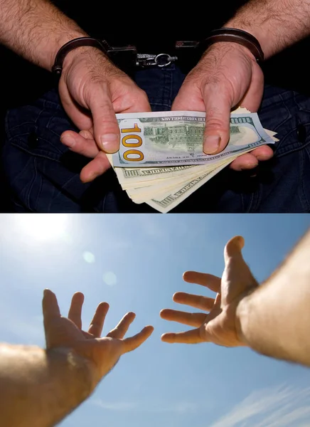 Hands in handcuffs with money and free - without money.