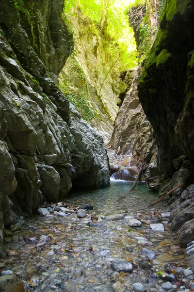 Steenachtige kloof met een rivier berg tussen de rotsen. — Stockfoto