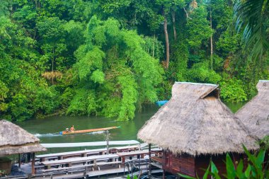 Bir adam bir motorlu tekne nehirde yüzüyor.