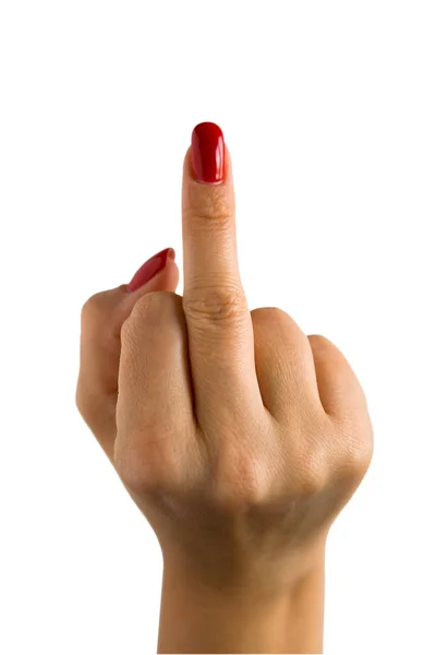 A female hand with red nails shows the middle finger. — Stock Photo, Image