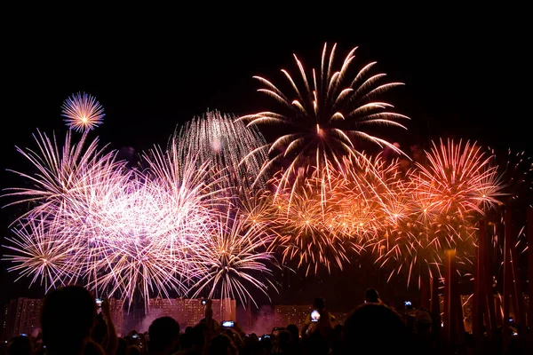 Prachtige kleurrijke vuurwerk in de nachtelijke hemel. — Stockfoto