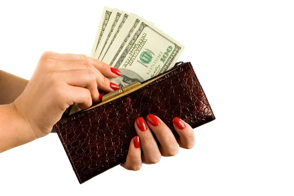 Bir çanta ve para ile güzel manikür eller tutun. — Stok fotoğraf