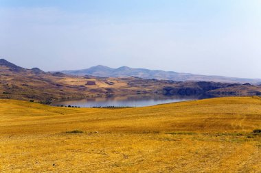 Alan, dağlar ve su birikintisi manzara.