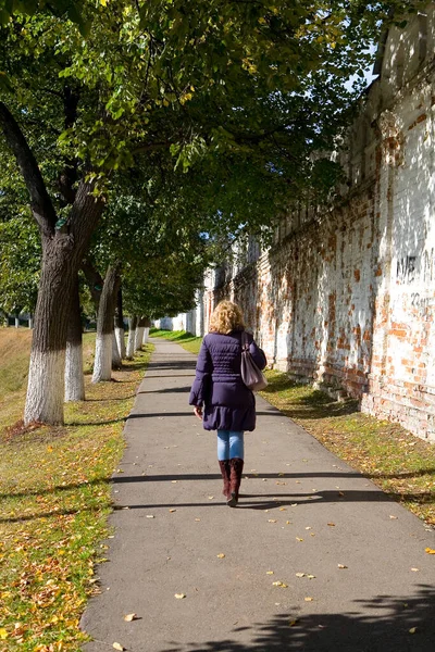 Een slanke natuurlijke blonde loopt langs een oude muur in de herfst. Stockafbeelding