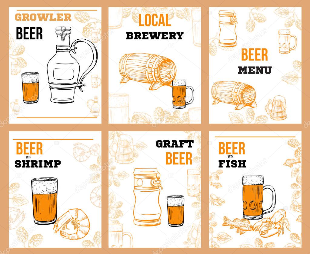 Beer menu elements in sketch hand drawn style including bottles,