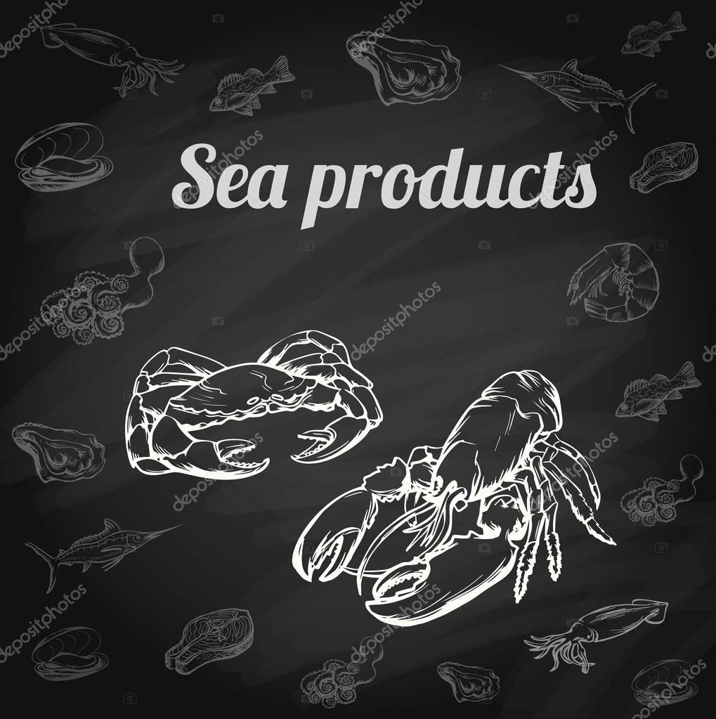 Seafood concept on chalkboard. Template with fish silhouettes for menu or brochure. Vector illustration