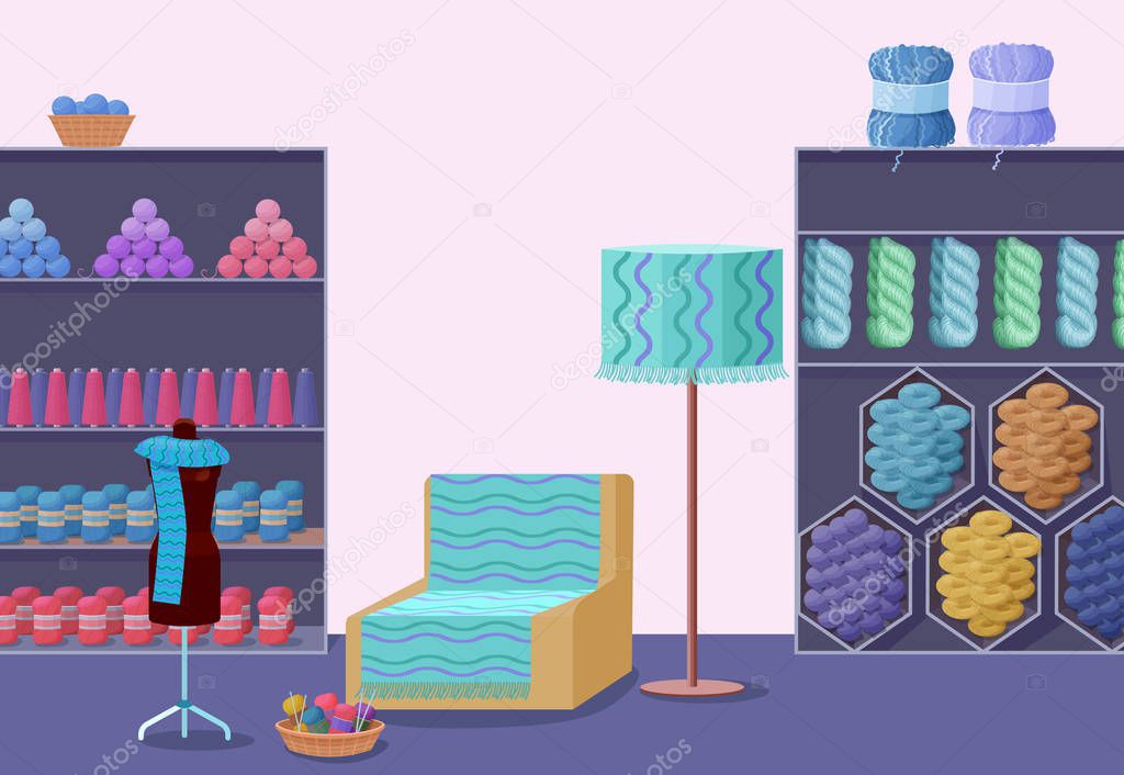Wool shop interior template with yarn skeins, knitting tools,  m
