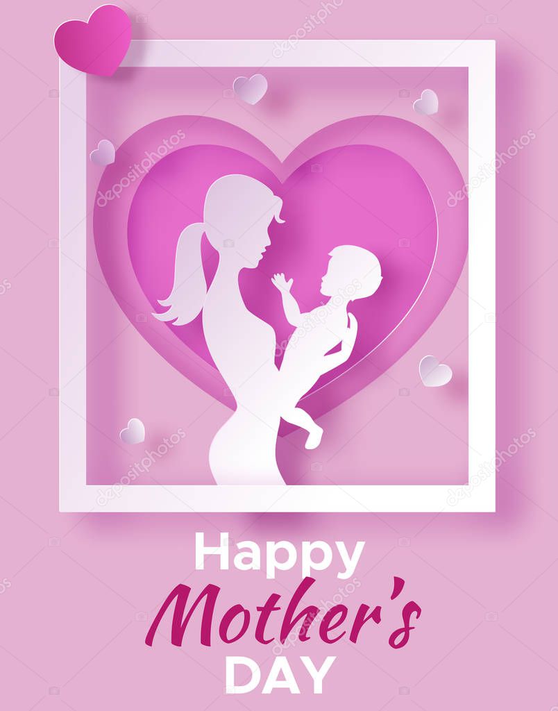 Mothers day origami paper art greeting card with mom holding ba