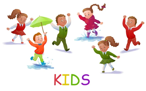 School kids set met glimlachen en springen cartoon jongens en meisjes — Stockvector