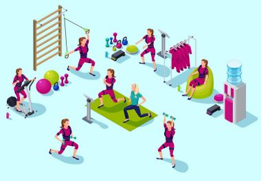 İzometrik Infographic ems fitness stüdyosu elec yapan insanlarla