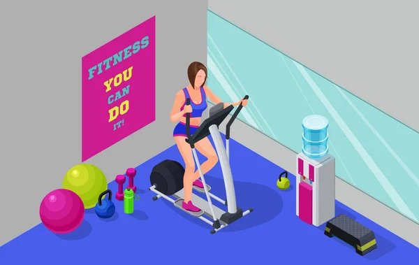Γυμναστήριο cardio προπόνηση ισομετρική εικονογράφηση με κορίτσι να τρέχει — Διανυσματικό Αρχείο