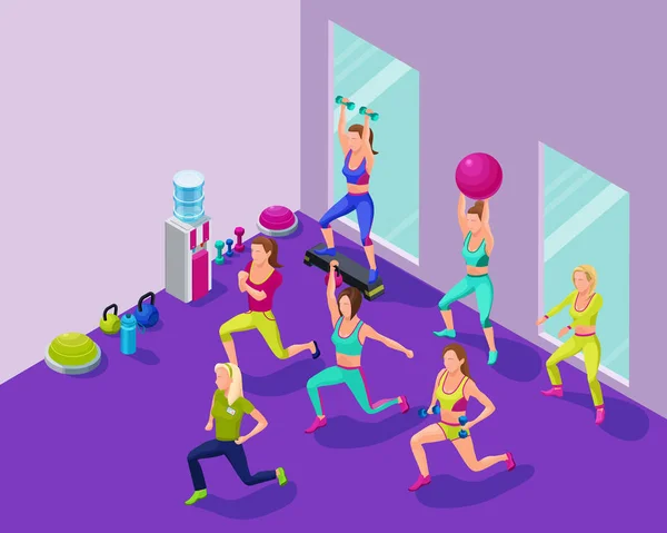 Illustrazione di fitness isometrica con gruppo di ragazze e formatore a — Vettoriale Stock