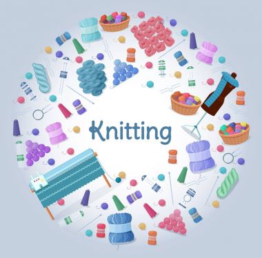Handmade or knitting background with yarn skeins, knitting tools clipart