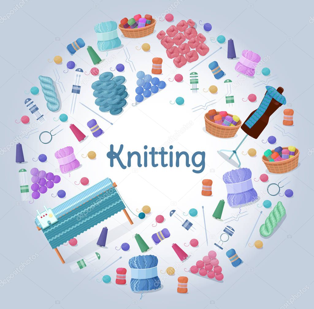 Handmade or knitting background with yarn skeins, knitting tools