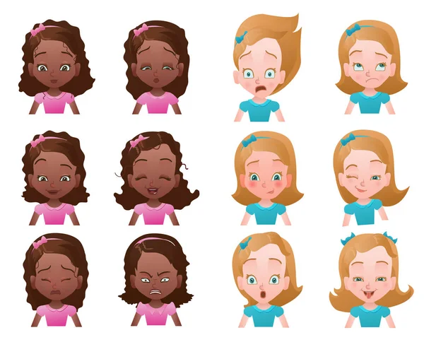 Ensemble d'émoticônes féminines ou avatars avec des portraits de petites filles esprit — Image vectorielle