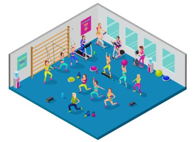 İzometrik fitness illüstrasyon, kız ve eğitmen grubu ile bir