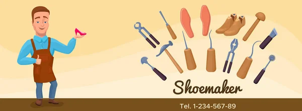 Shoemaker cartoon character banner or poster with cobbler tools — Stock Vector