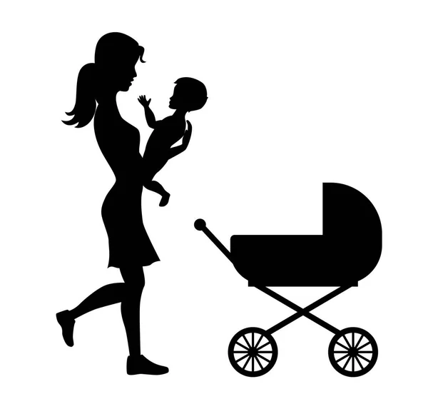 Holding baby silhouettes with pram isolated black vector illustr — Stock Vector