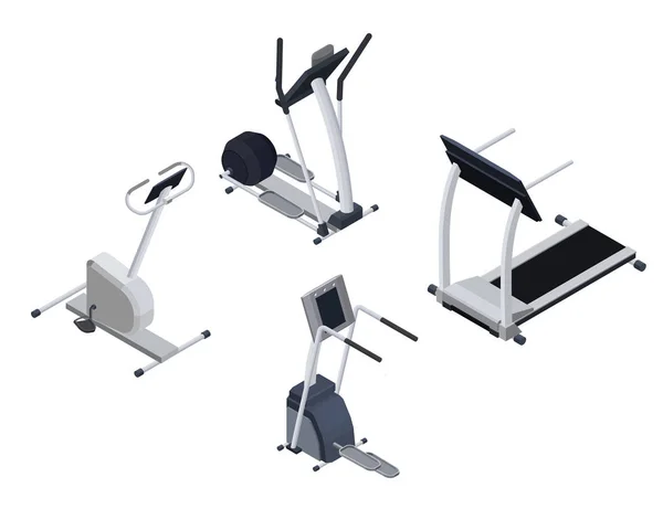 Spots conjunto de equipamentos isométricos cardio com máquina elíptica, st —  Vetores de Stock