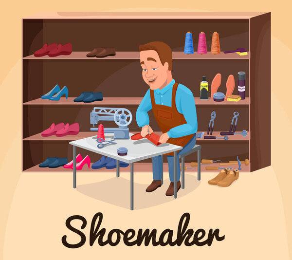 Shoemaker cartoon character sewing shoes with cobbler tools colorful vector illustration including carpenter repair instruments, boots, sewing machine, glue, threads, brushes