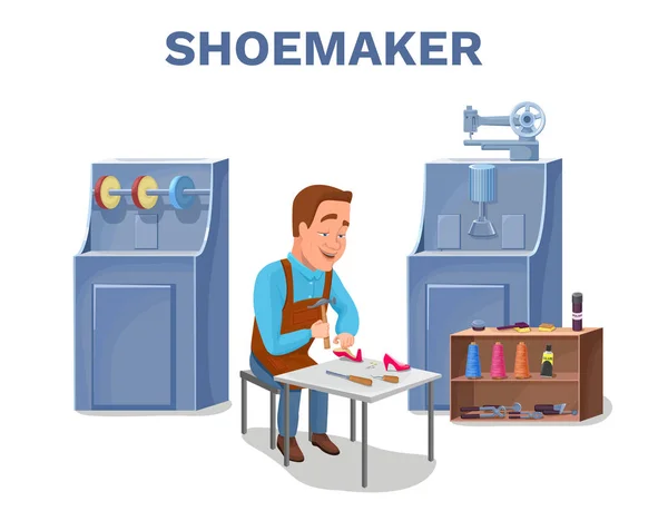 Schuster Zeichentrickfigur repariert Schuhe mit Schuhmacherwerkzeug — Stockvektor