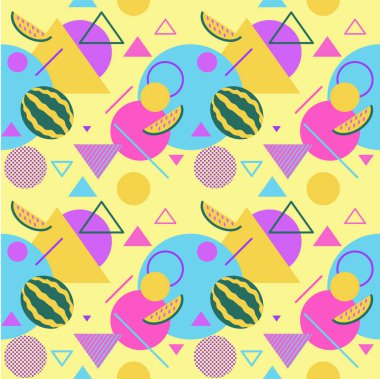 Kesintisiz renk yaz dönemleri ile karpuz ve avuç içi, geometrik şekiller, moda vektör arka planlar