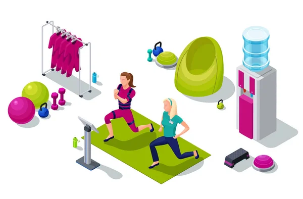 Isometric ems fitness studio with girl and personal trainer doing electrical muscular workout and sports equipment. Vector illustration — Stock Vector