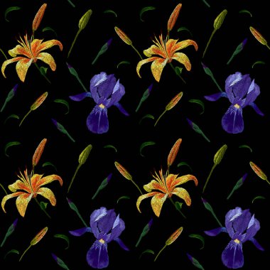 Çiçek çizimi nakış seamless modeli moda tasarım sarı ve mavi iris ve lily ile dikişli