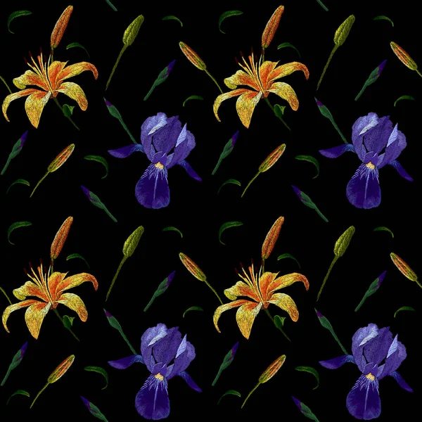 Embroidery seamless pattern fashion design with yellow and blue iris and lily stitched floral illustration