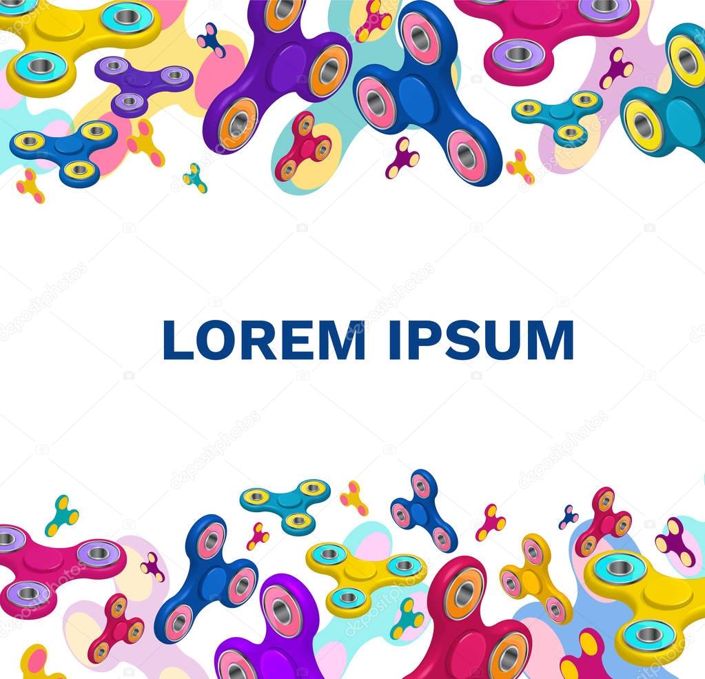 Fidget spinner background or template for text with colorful 3d icons of trendy rotating toys vector illustration