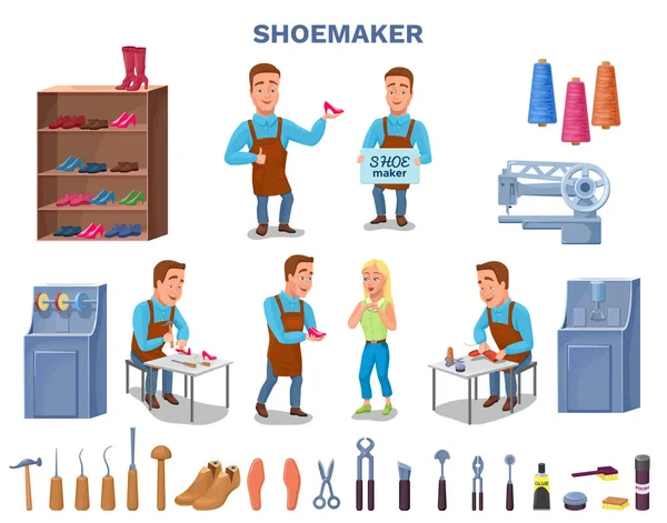 Shoemaker personaggio dei cartoni animati con strumenti calzolaio set colorato vect — Vettoriale Stock