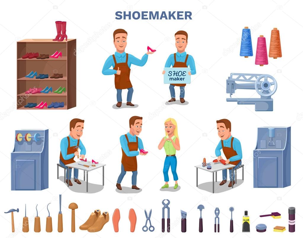 Shoemaker cartoon character with cobbler tools set colorful vect