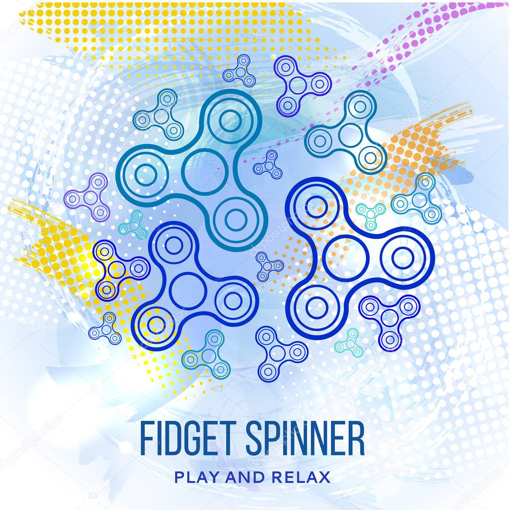 Watercolor fidget spinner blue and yellow background with outline icons of modern rotating toys and grunge splashes vector illustration