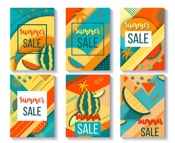 Renk trendy vektör geometrik dikey moda posterleri ayarlamak veya arka planlar ile karpuz ve avuç içi, parlak turuncu ve sarı renkli desenleri yaz