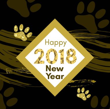 2018 Çin yeni yılı altın vektör ile sarı bir köpek kavramının pençe parça, glitter, geometrik şekiller ve üçgenler, şablon için takvim, poster, afiş, tebrik kartı