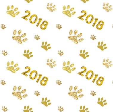 Sarı köpek seamless modeli ile altın vektör pençe iz, glitter, 2018 Çin yeni yılı doku, takvim, poster, afiş, tebrik kartı için şablon folyo