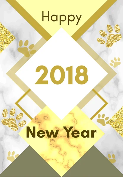 2018 chino nuevo año de concepto de perro amarillo con pista de pata de vector de oro, brillo, formas geométricas y triángulos, fondo de mármol, plantilla para el calendario, cartel, bandera, tarjeta de felicitación — Vector de stock