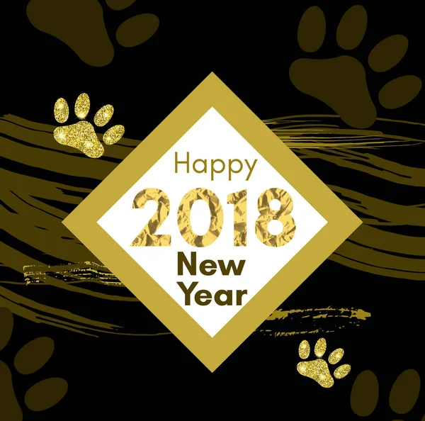 2018 chino nuevo año de concepto de perro amarillo con oruga de pata de vector de oro, brillo, formas geométricas y triángulos, plantilla para el calendario, cartel, bandera, tarjeta de felicitación — Vector de stock