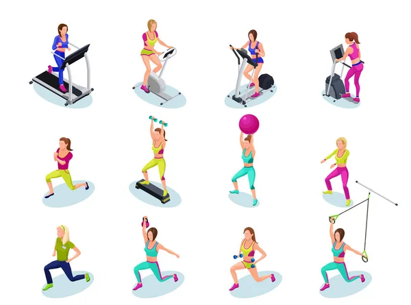 Ισομετρική άσκηση άνθρωποι θέτουν, κορίτσια, τρέξιμο, ανύψωση βάρους, με barbell, dumbell, στο βήμα πλατφόρμα, με fit ball, κάνουμε ασκήσεις, γυμναστική, καρδιο κατάρτισης, Αθλητισμός, προπόνηση με εκπαιδευτή — Διανυσματικό Αρχείο