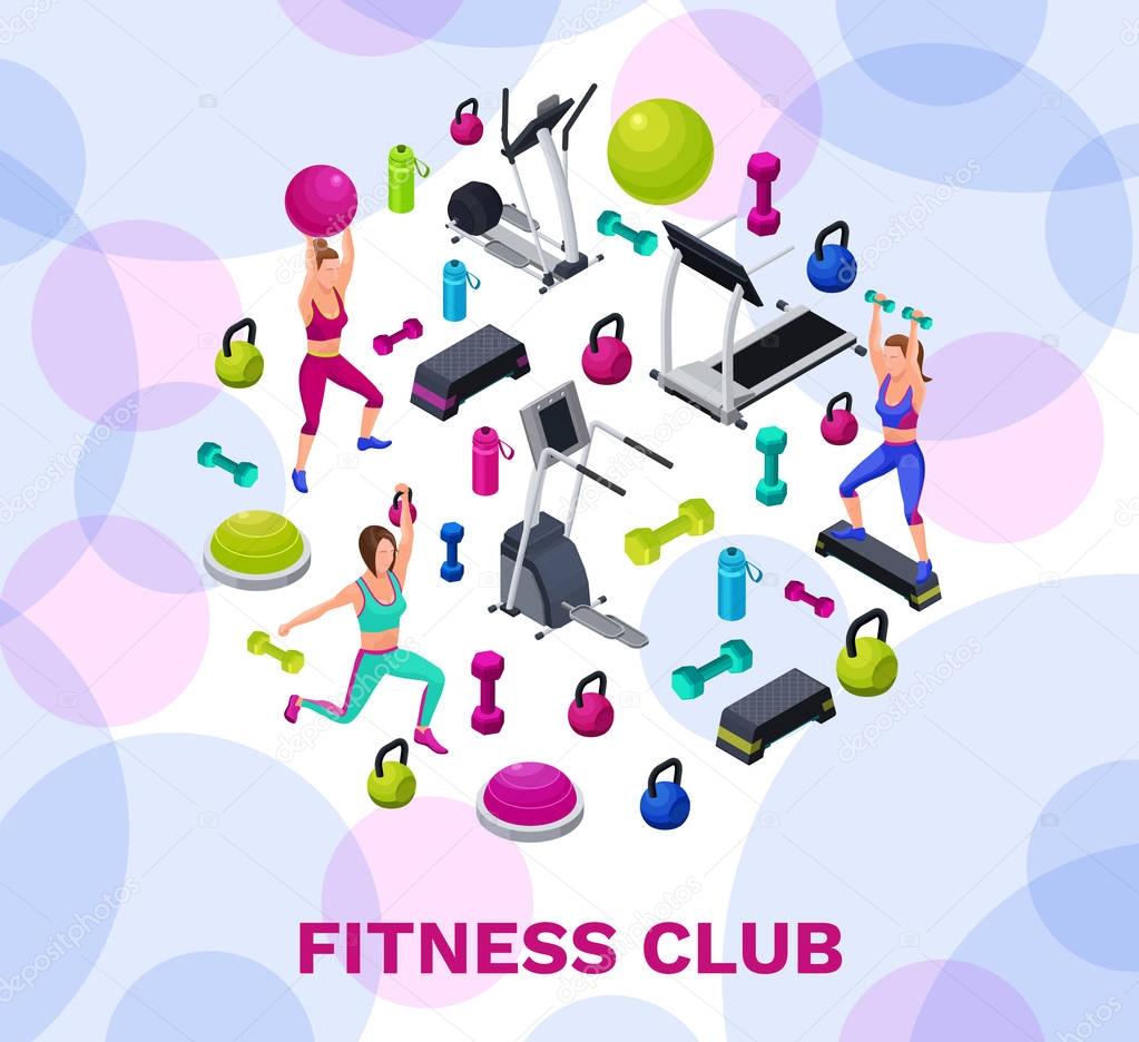 Isometric fitness poster with vector icons of sports equipment, colorful background with dumbells, platforms, bosu ball or half ball, bottle, set of workout accessories, template for flyer, banner