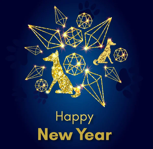 Κινέζικο νέο έτος 2018 της έννοιας κίτρινο σκυλί με χρυσή διάνυσμα paw κομμάτι, glitter, foil υφή, ζώων σιλουέτα, μπλε φόντο με φώτα, πρότυπο για αφίσας, πανό, ημερολόγιο, ευχετήρια κάρτα — Διανυσματικό Αρχείο