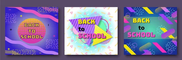 Tillbaka till skolan affischer i trendiga 90s geometriska stil med linjer och trianglar, former, text, mall för banner, flyer, försäljning koncept, ljusa färg bakgrund vektorillustration — Stock vektor
