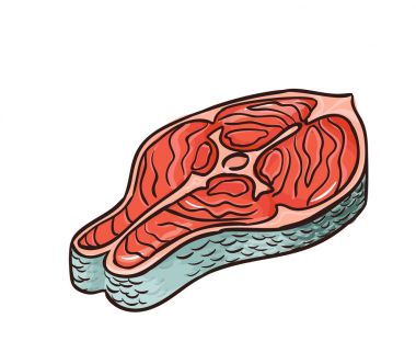 Salomon biftek veya izole, alabalık vektör simge Deniz balığı, menü, yemek diyet infographics, etiket, el ilanı, şablon parçasının elle çizilmiş kroki dilim yazdırma