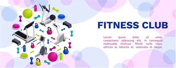 Isometrisk fitness banner med vector ikoner av sportutrustning, färgstarka bakgrund med hantlar, plattformar, bosu boll eller halv boll, flaska, uppsättning av träningstillbehör, mall för flyer, affisch — Stock vektor