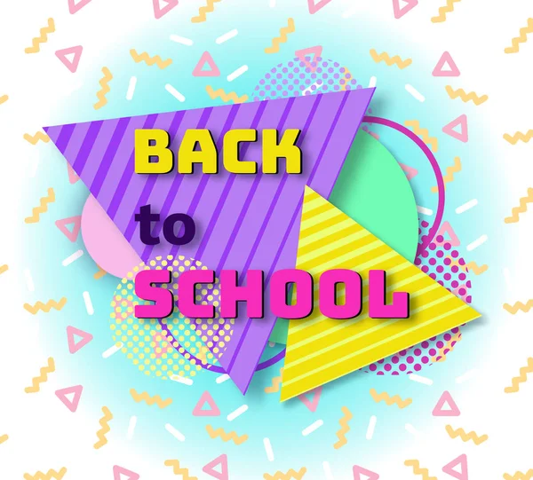 Terug naar school banner in trendy 90s geometrische stijl met lijnen en driehoeken, shapes, tekst, sjabloon voor folder, verkoop concept, heldere kleur achtergrond vectorillustratie — Stockvector